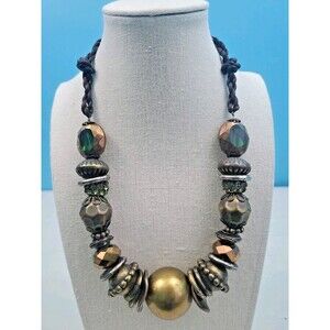 Chunky Statement Necklace Mixed Metal Brass Gold Tone Beads Black Cord Brutalist